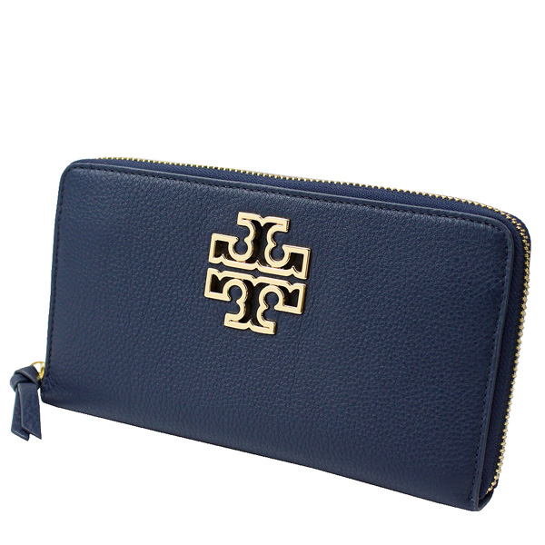 TORY BURCH BRITTEN 金屬LOGO 荔枝紋全皮革拉鍊長夾(深藍)