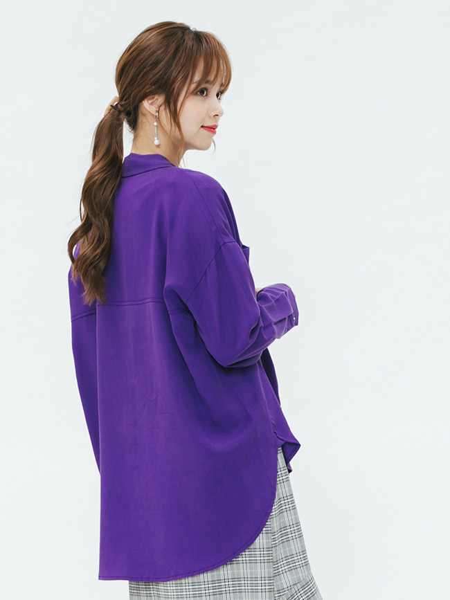 H:CONNECT 韓國品牌 女裝-下擺造型雙口袋襯衫-紫
