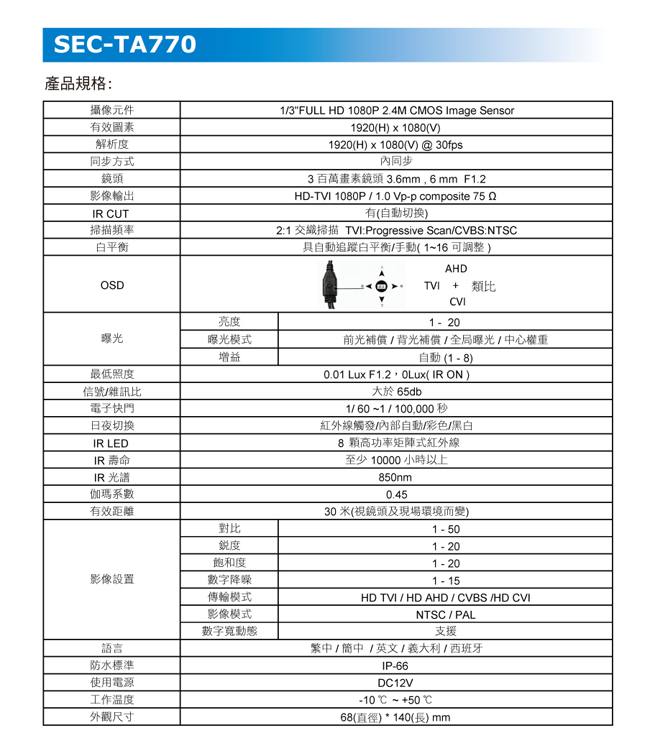 監視器攝影機 - 士林電機 AHD 1080P 防水槍型 TVI 960H OSD鍵