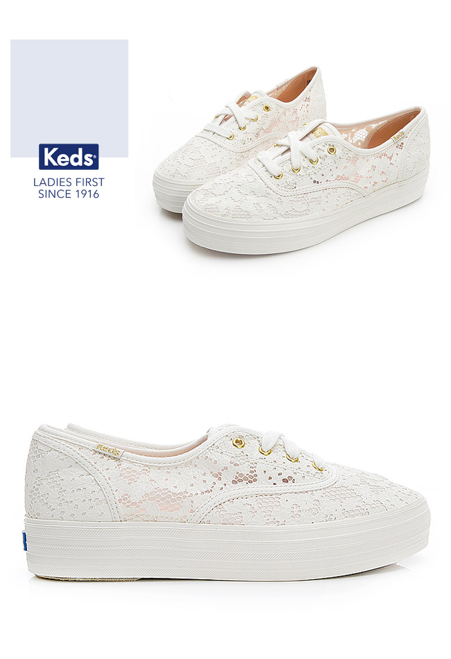 Keds TRIPLE 蕾絲緹花厚底綁帶帆布鞋-米白