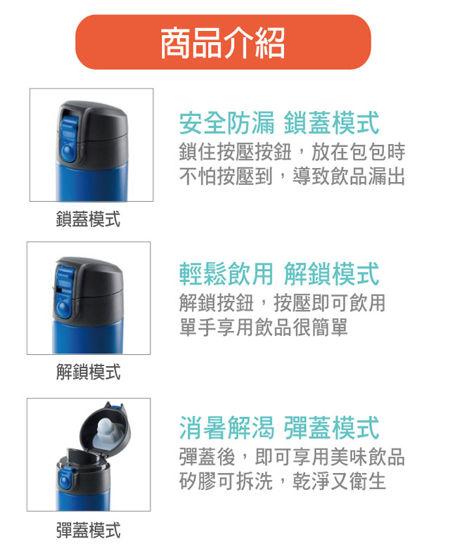 【美國GSI】輕量單手彈蓋不鏽鋼保溫瓶-0.5L(銀藍黑)