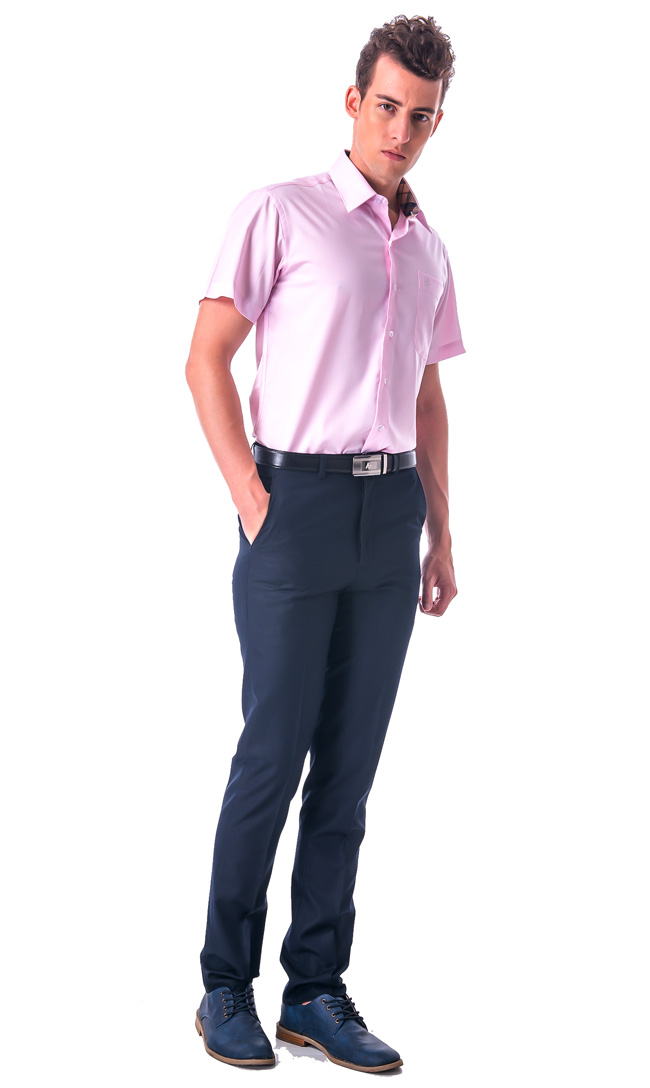 金‧安德森 經典格紋繞領粉色窄版短袖襯衫