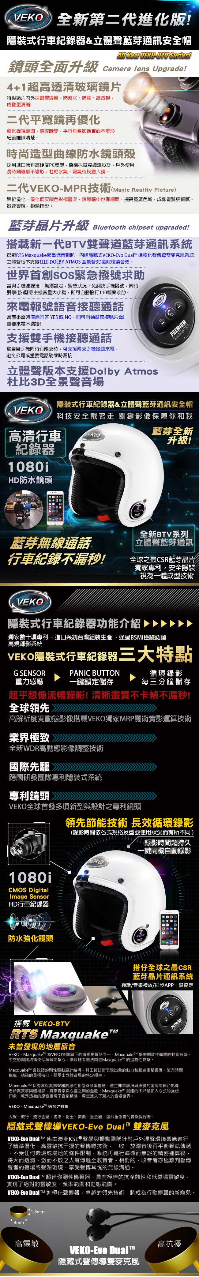 VEKO二代隱裝式1080i行車紀錄器+內建雙聲道藍芽通訊安全帽(雅光尊爵黑)