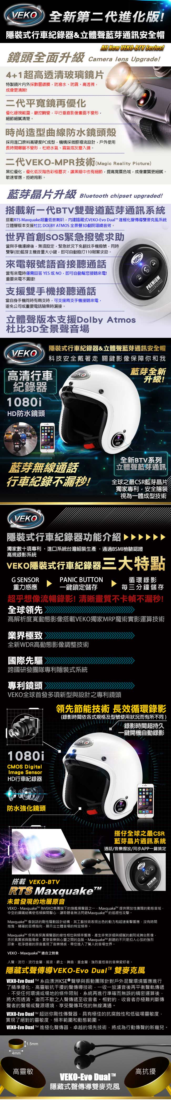 VEKO二代隱裝式1080i行車紀錄器+內建雙聲道藍芽通訊安全帽大全配組