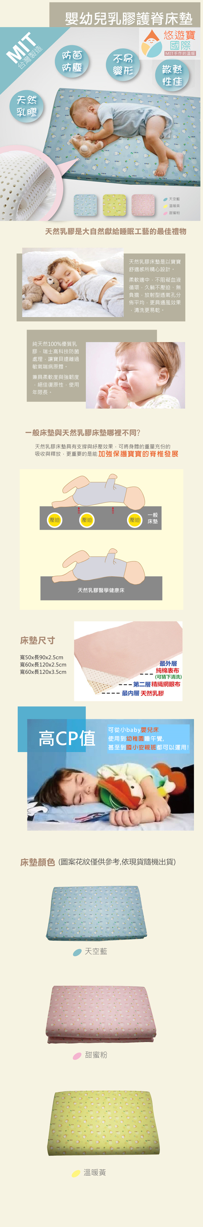 【悠遊寶國際】嬰幼兒乳膠護脊床墊60×120×3.5cm(3色可選)