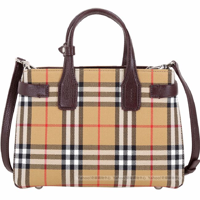 BURBERRY The Banner Vintage 小型 格紋拼接手提斜背包(葡萄紅)