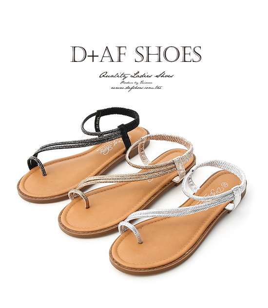 D AF 光感魅力．燙鑽細帶套指平底涼鞋＊黑