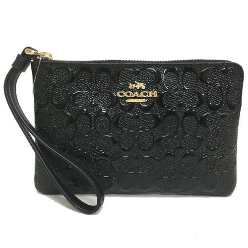 COACH 金色立體馬車漆皮C LOGO手拿包(黑)