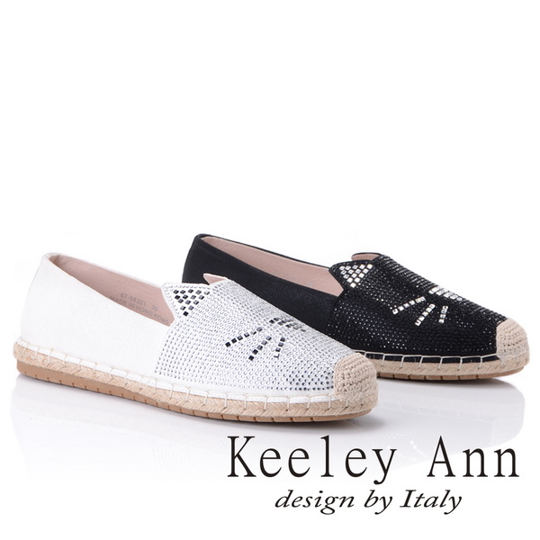 Keeley Ann 旅行輕便~可愛水鑽貓咪造型編織滾邊平底鞋(黑色-Ann)