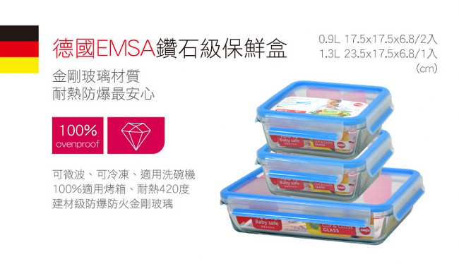 德國EMSA 專利上蓋無縫頂級 玻璃保鮮盒-0.9x2+1.3L