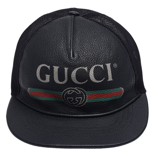 GUCCI 經典Gucci復古標誌荔枝紋小牛皮網格尼龍棒球帽(黑)