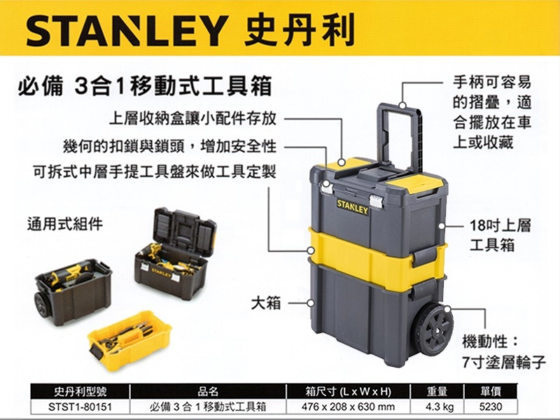 美國STANLEY 史丹利必備3合1移動式工具箱STST1-80151 | 工具收納/工具 