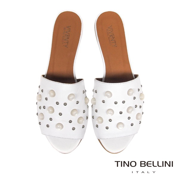 Tino Bellini 義大利進口珍珠MIX鉚釘真皮涼拖鞋 _ 白