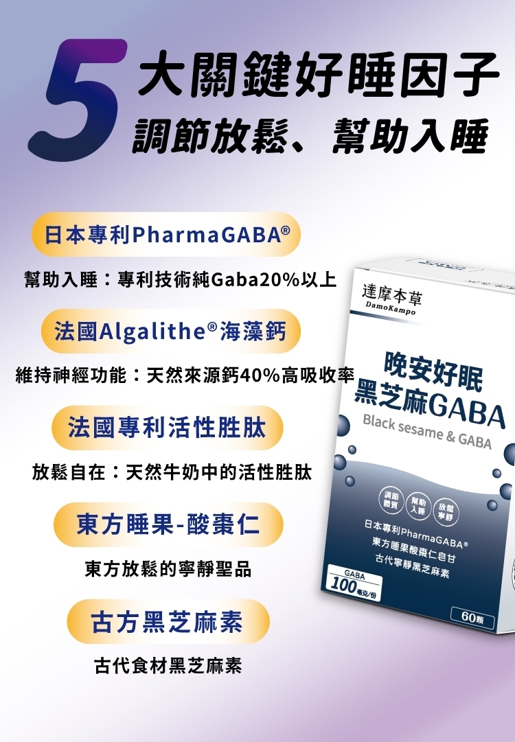 大關鍵好睡因子調節放鬆、幫助入睡達摩本草DamoKampo日本專利PharmaGABA ®幫助入睡:專利技術純Gaba20%以上法國Algalithe®海藻鈣維持神經功能:天然來源鈣40%高吸收率法國專利活性胜肽放鬆自在:天然牛奶中的活性胜肽東方睡果-東方放鬆的寧靜聖品古方黑芝麻素古代食材黑芝麻素晚安好眠黑芝麻GABABlack sesame & GABA調節體質幫助 放鬆日本專利PharmaGABA*GABA東方果酸棗仁甘古代寧靜黑芝麻素100 毫克/份60