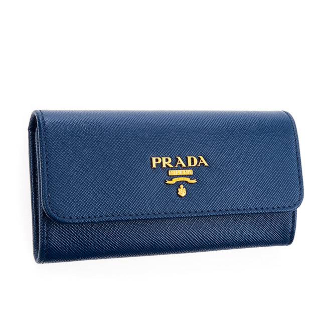 PRADA 經典Saffiano 金字LOGO十字紋牛皮釦式鑰匙包 (藍色)