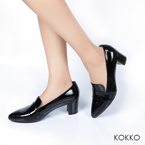 KOKKO- 女紳風範尖頭透氣真皮樂福粗跟鞋-亮皮黑