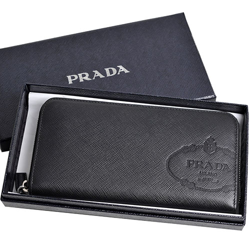 PRADA SAFFIANO PRINT 品牌大圖騰LOGO防刮牛皮對折長夾(黑)