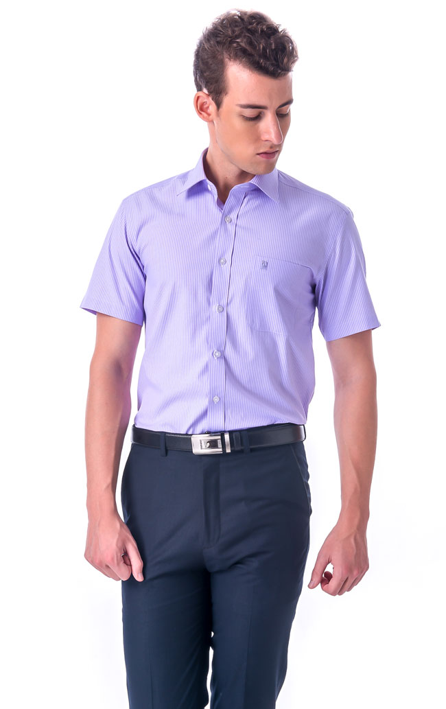金‧安德森 紫色白細紋窄版短袖襯衫fast