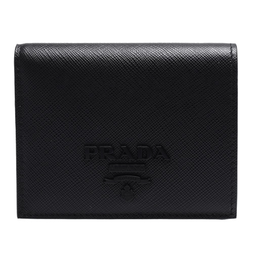 PRADA SAFFIANO SHINE系列黑色浮雕LOGO防刮牛皮暗釦短夾(黑)