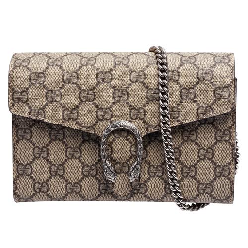 GUCCI 經典Dionysus系列雙G圖紋PVC牛皮虎頭釦銀鍊手拿/斜背包(黑色)