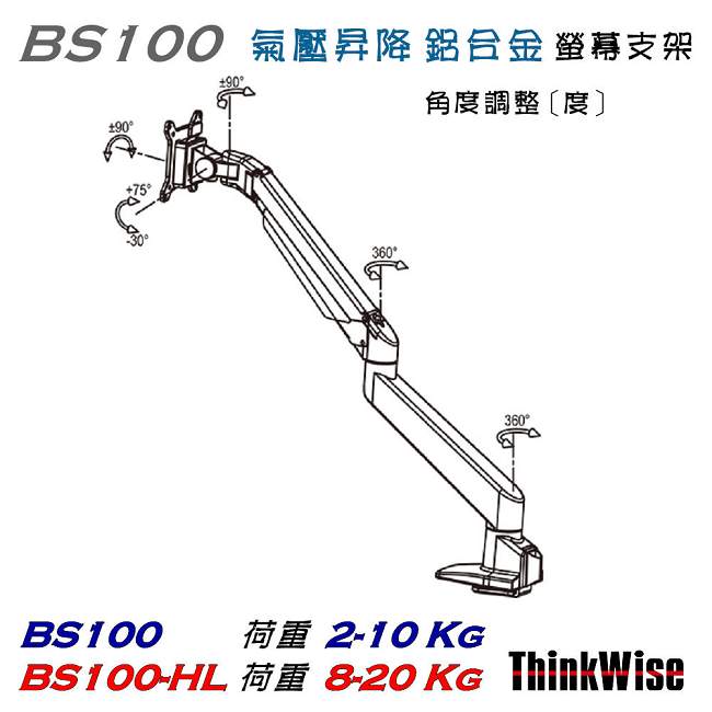 ThinkWise BS100-HL 單螢幕 高荷重 氣壓升降支架