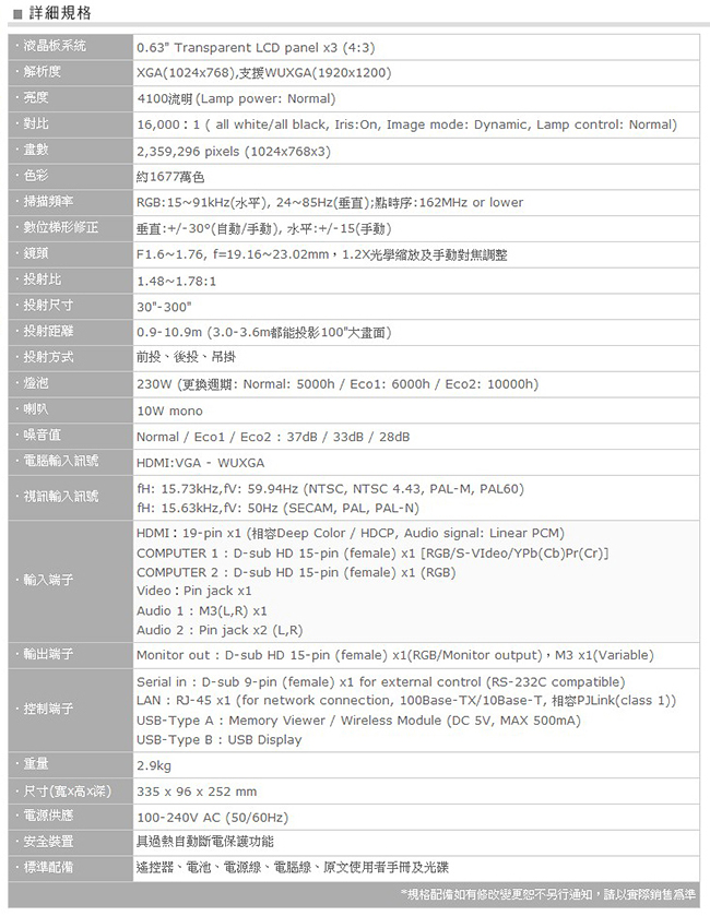 Panasonic XGA 4100流明 多功能液晶投影機 PT-LB423U