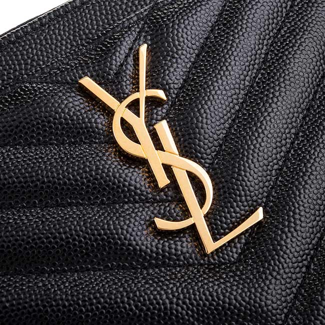 YSL 經典MONOGRAM系列V字縫線魚子醬牛皮金色LOGO拉鍊手拿包 (黑色)