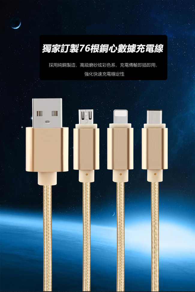 尼龍繩Type-C、Micro USB、lightning 8pin3合1充電線