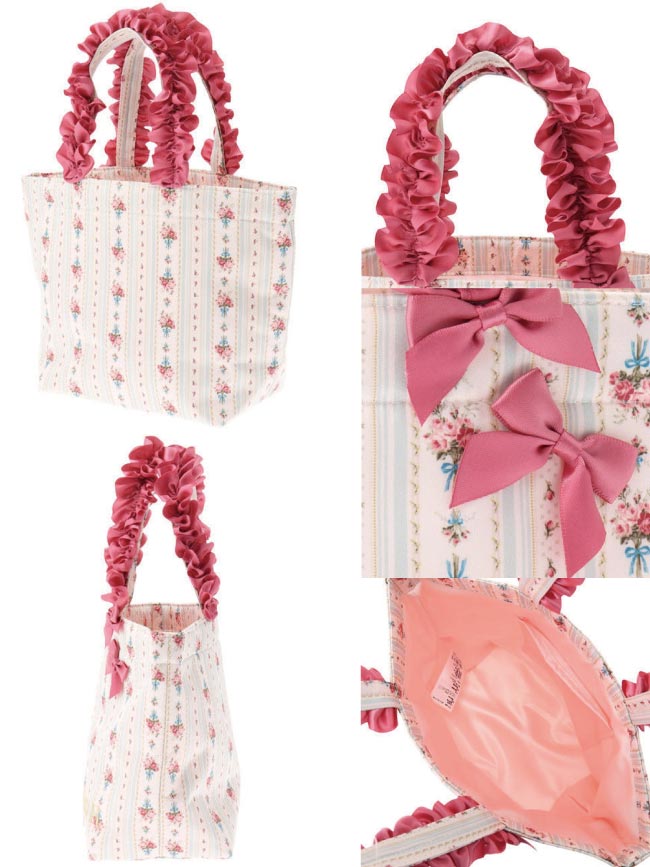 Maison de FLEUR 直條紋花卉蝴蝶結緞帶手提包