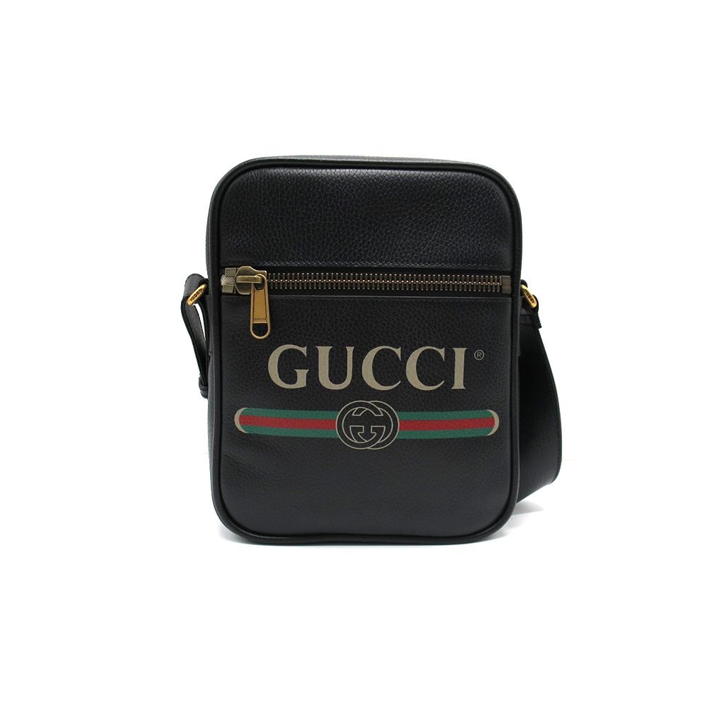 GUCCI 復古風格的圖案小牛皮斜背包-黑