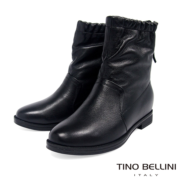 Tino Bellini 自然不對稱抓皺內增高中筒靴 _ 黑