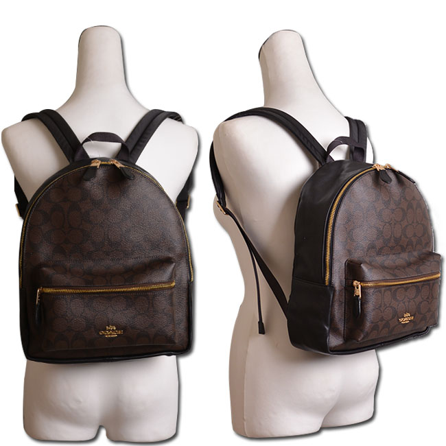 COACH 經典C滿版LOGO PVC拼接真皮拉鍊式中款後背包-巧克力x雅典黑