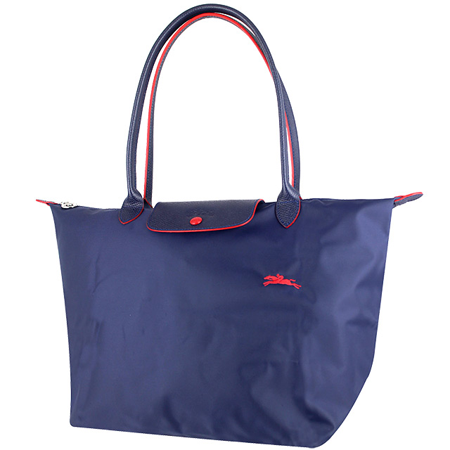 Longchamp Collection尼龍布刺繡品牌長背帶水餃包(藍色/大)