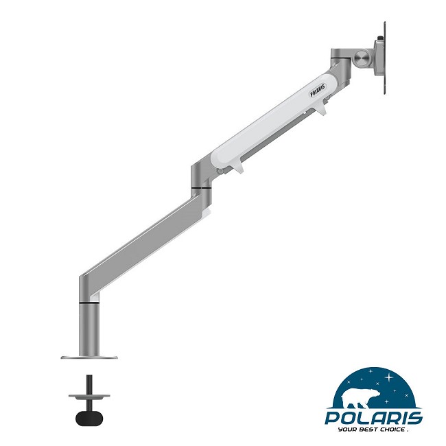Polaris P01-DS 氣壓臂 單螢幕架 , 鋁合金 夾穿桌二用 (銀白色)