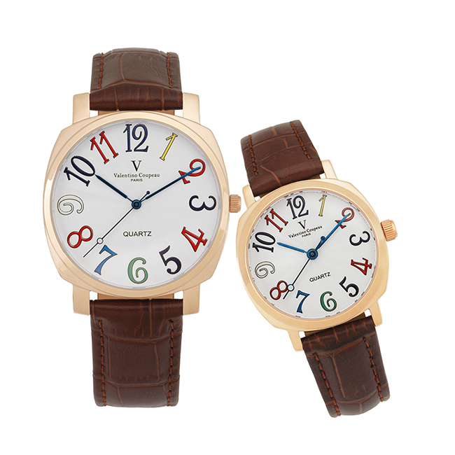 Valentino Coupeau 范倫鐵諾 古柏 萊茵對錶 玫瑰金色 咖啡皮帶