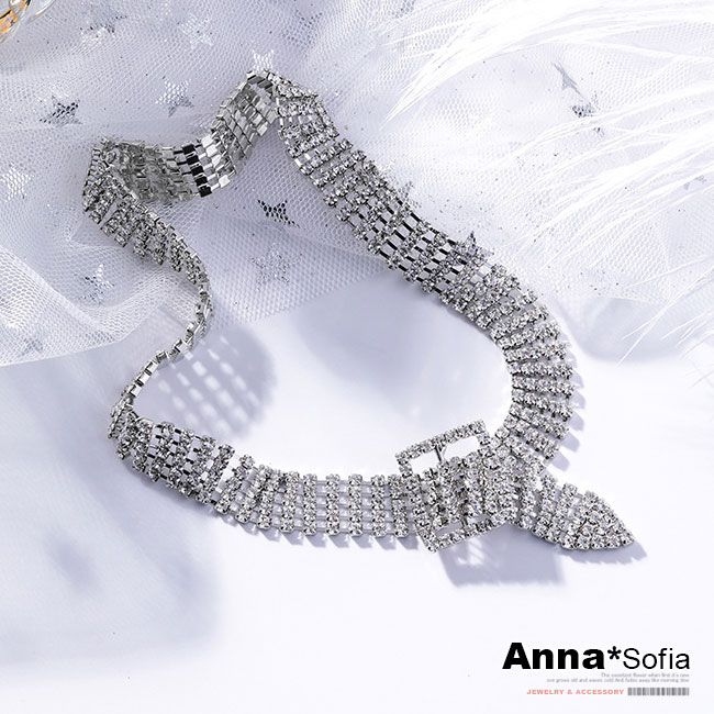 【3件5折】AnnaSofia 奢華滿鑽方釦 鎖骨鍊項鍊頸鍊CHOKER