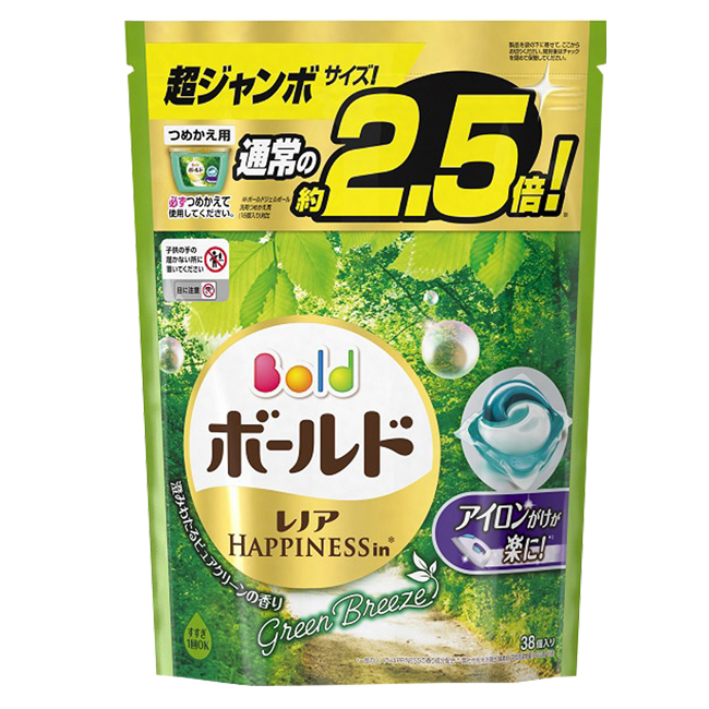 日本P&G 3D立體2.5倍洗衣果凍膠囊補充包-微風綠草香(733g)-38顆入