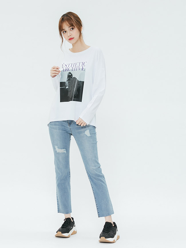 H:CONNECT 韓國品牌 女裝-黑白圖印長袖T-shirt-白