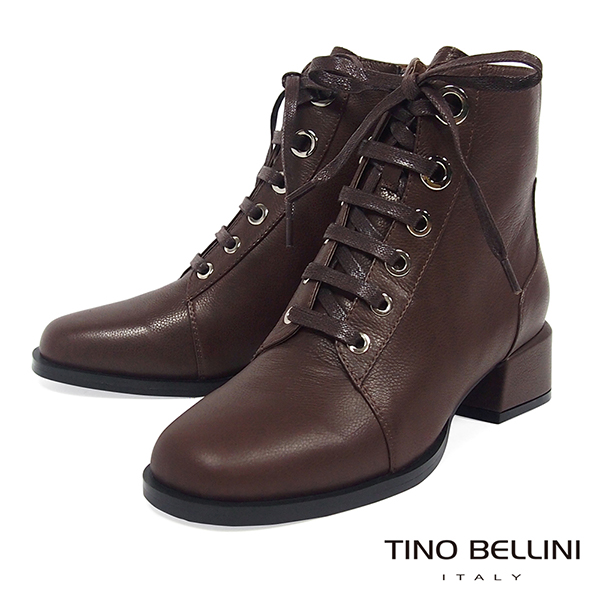 Tino Bellini真皮小方頭綁帶中跟短靴_咖