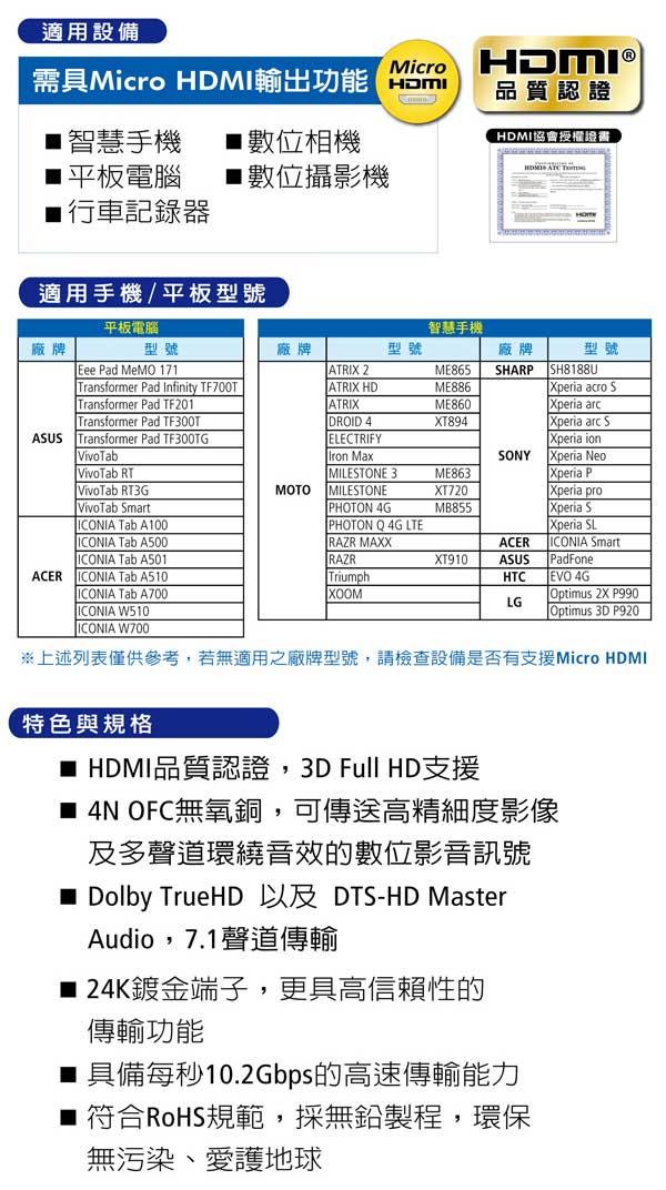 PX大通HDMI轉Micro HDMI 1.2M高畫質影音傳輸線 HD-1.2D