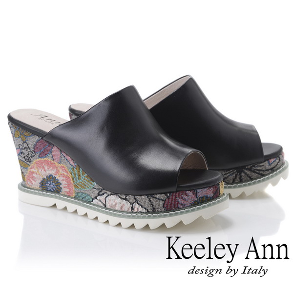 Keeley Ann夏日花卉 魚嘴穆勒楔型托鞋(黑色-Ann系列)