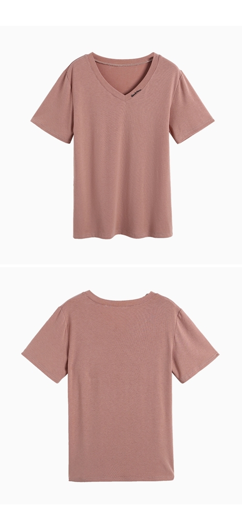 V領拼接立體金屬短袖棉質T恤 (共二色)-ROANN