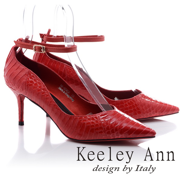 Keeley Ann 韓式風潮~蛇紋波浪造型細帶飾釦真皮高跟鞋(紅色-Ann)