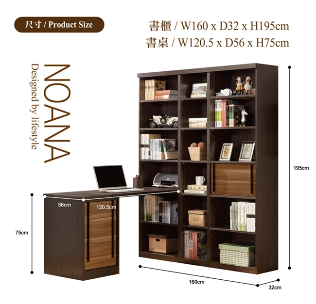日本直人木業-NOANA經典一個2抽二個開放160CM書櫃組加伸縮書桌