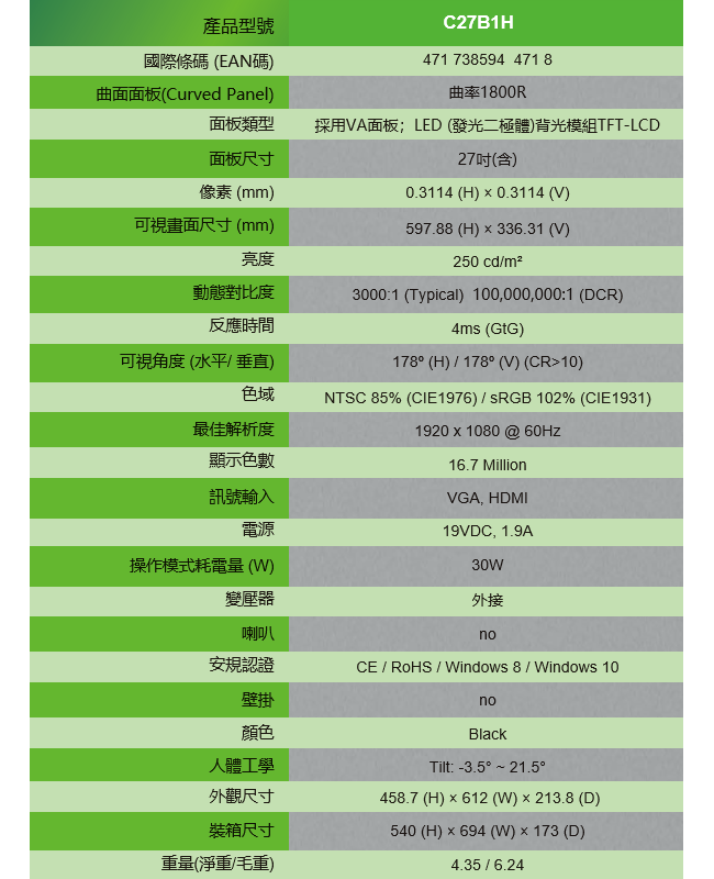 AOC C27B1H27吋(曲面16:9)液晶顯示器