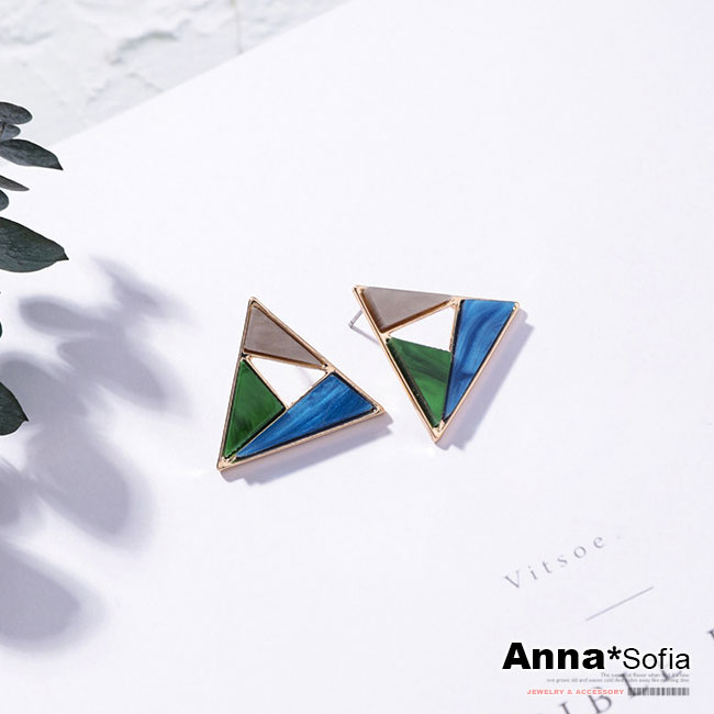 【3件5折】AnnaSofia 韓流絢光色塊 耳針耳環(三角-藍綠灰系)