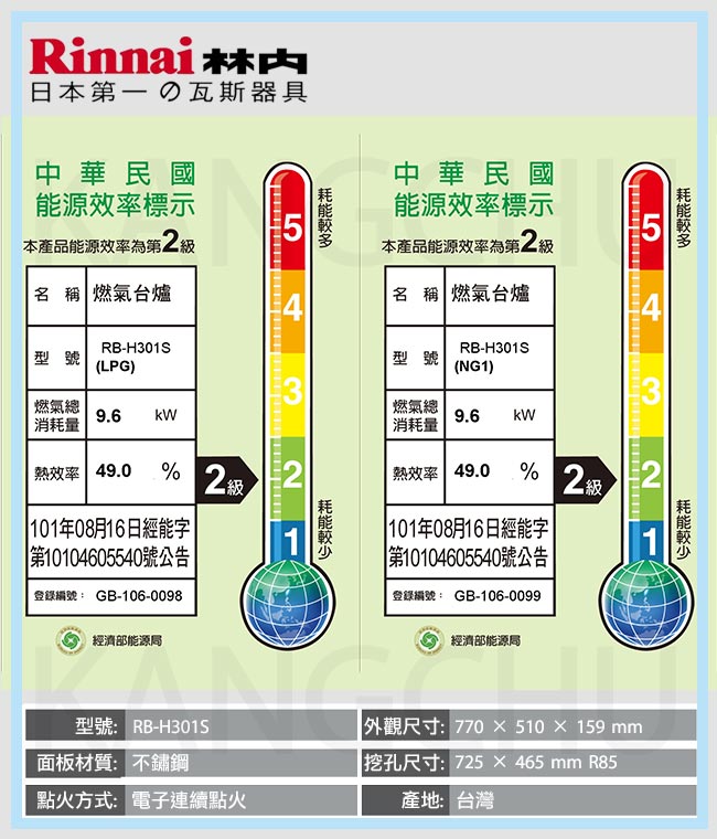 林內牌 RB-H301S 防漏好清潔不鏽鋼檯面式三口瓦斯爐