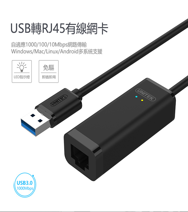 UNITEK USB3.0轉RJ45有線網卡