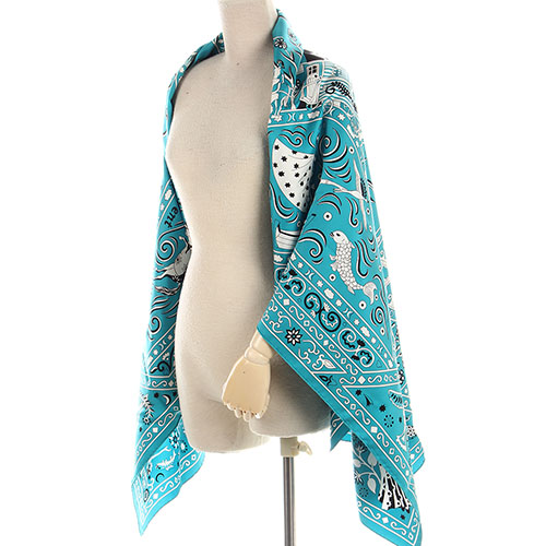 HERMES Peuple du Vent 真絲披肩方型大絲巾圍巾-碧藍色