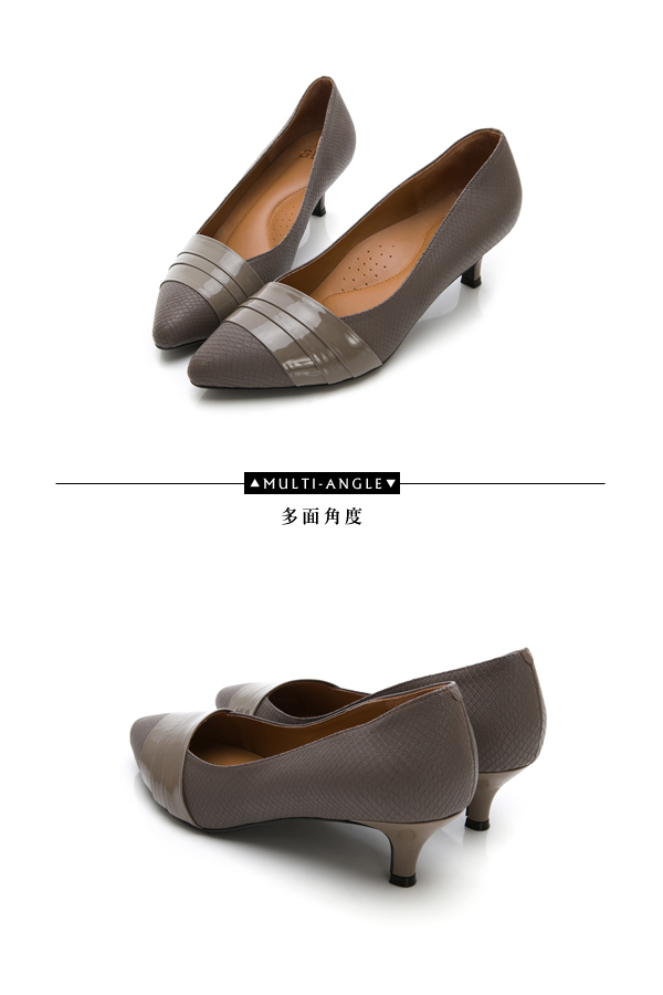 GDC-尖頭羊漆皮撞色異材拼接中跟包鞋-灰色